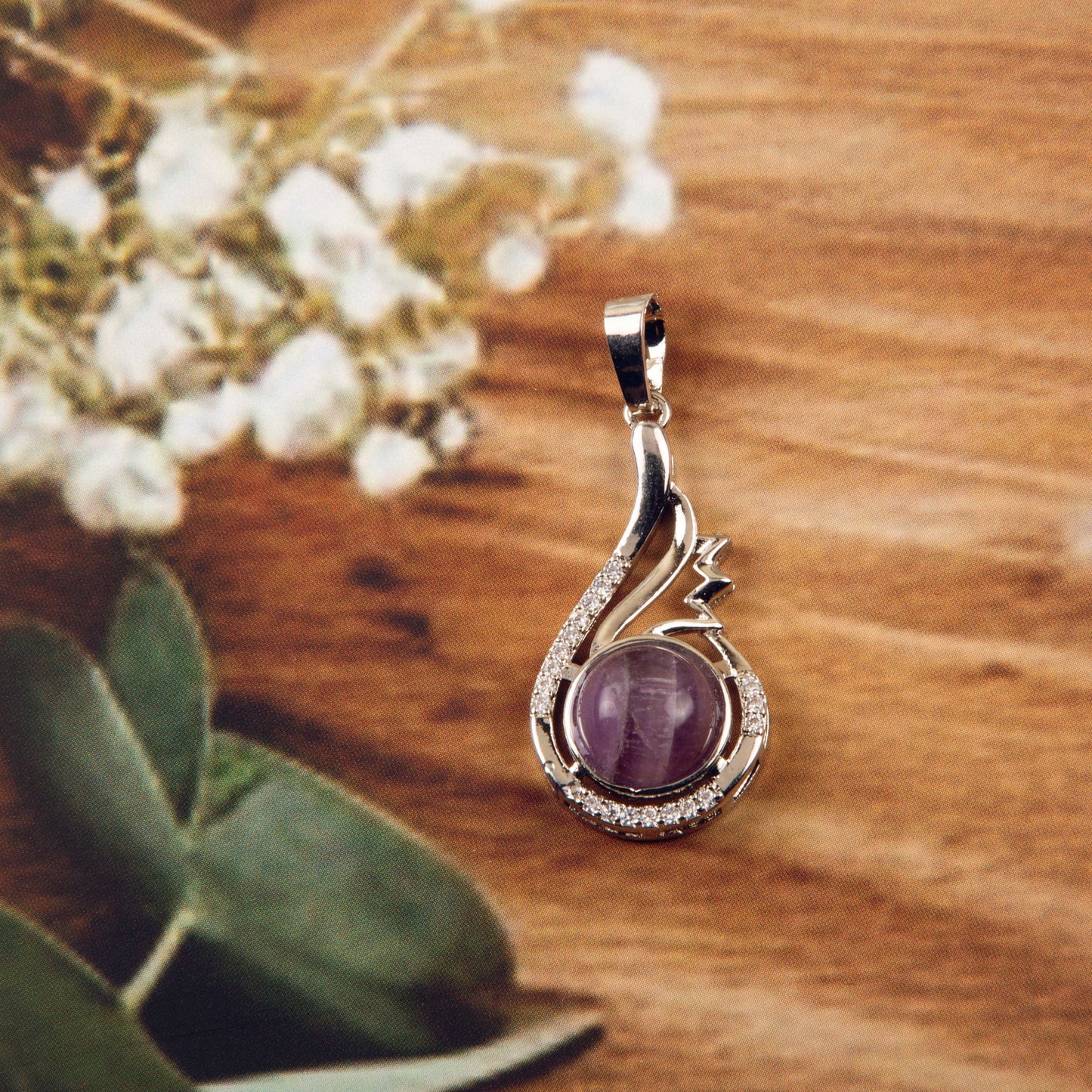Natural Amethyst Round Crystal Pendant in metal