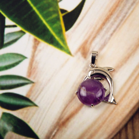 Natural Amethyst Dolphin Crystal Pendant in metal