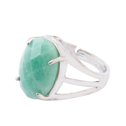 Natural Green Aventurine Crystal Oval ring in metal with Adjustable Size For Men And Women