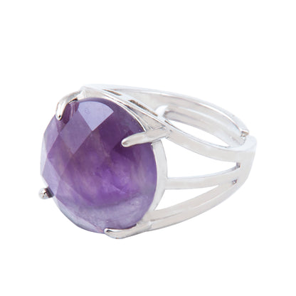 Natural Amethyst Crystal Round ring in metal with Adjustable Size For Men And Women
