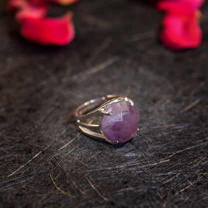 Natural Amethyst Crystal Round ring in metal with Adjustable Size For Men And Women