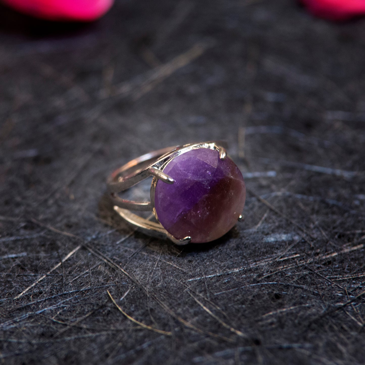 Natural Amethyst Crystal Round ring in metal with Adjustable Size For Men And Women