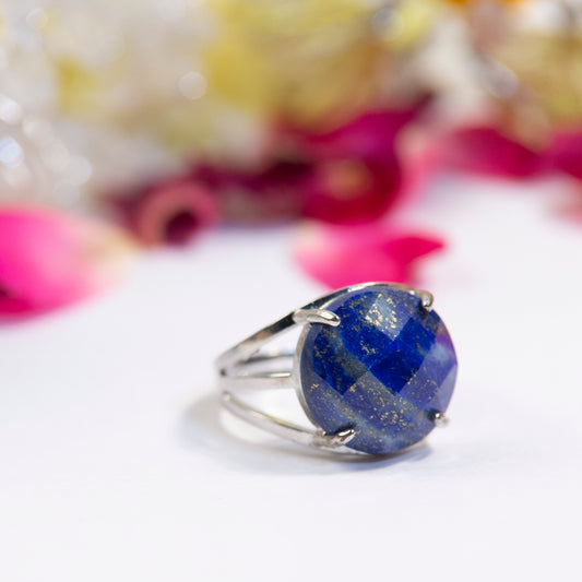 Natural Lapis Lazulli Crystal Round ring in metal with Adjustable Size For Men And Women