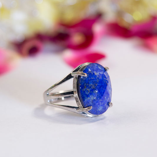 Natural Lapis Lazulli Crystal Oval ring in metal with Adjustable Size For Men And Women