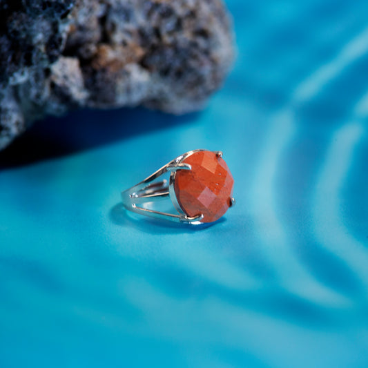 Natural Red Jasper Crystal Round ring in metal with Adjustable Size For Men And Women