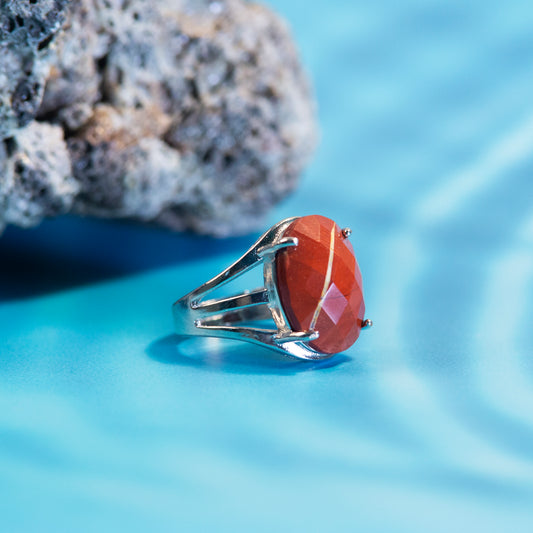 Natural Red Jasper Crystal Oval ring in metal with Adjustable Size For Men And Women