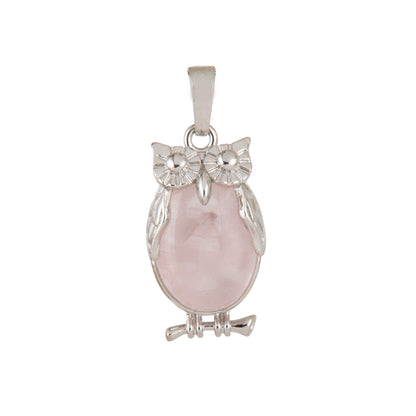 Natural Rose Quartz Owl Crystal Pendant in metal